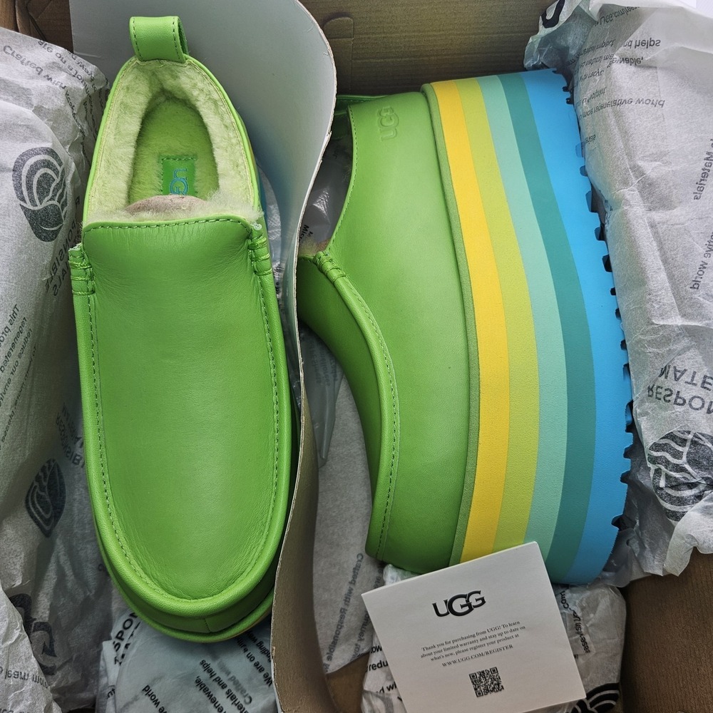 UGG URSEEN PLATFORM Green MULTI LEATHER WOOL ALL GENDER M6/W7 Festival Shoes - Picture 2 of 13